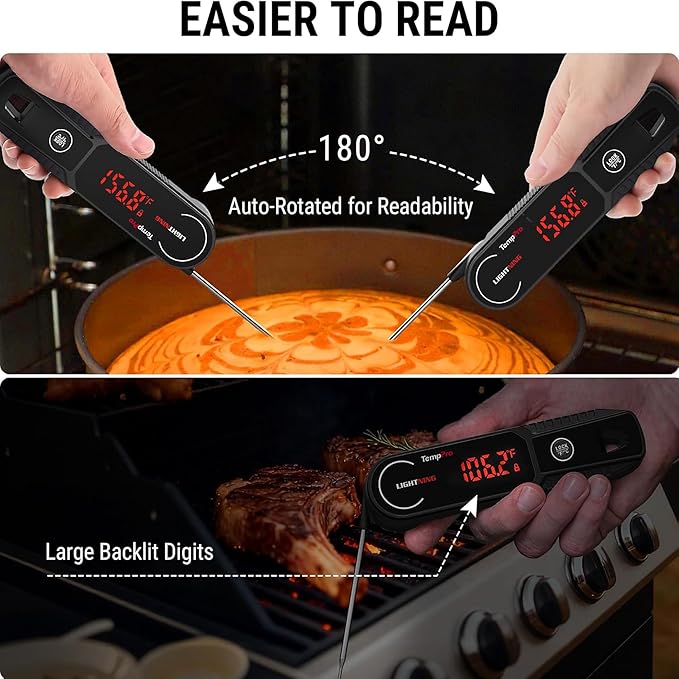 TempPro Lightning 1 Sec Instant Read Meat Thermometer, Kitchen Food Thermometer with 180° Rotating Display, IP67 Waterproof Cooking Thermometers for Deep Fry Smoker Grill BBQ(Previously ThermoPro)
