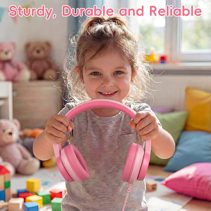Candy Bila Wired USB C Kids Headphones, 85dB Safe Volume Limit, HD Stereo Sound, Adjustable Headband, Foldable Over-Ear Design for School, Travel, Boys, Girls, iPad, Tablet，Gradient Pink