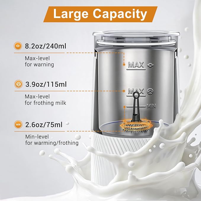 Wowteam Milk Frother, 4-in-1 Electric Milk Steamer, Warm and Cold Milk Warmer and Foam Maker for Coffee, Latte, Cappuccinos, Macchiato, 8.2oz/240ml, Stainless Steel, White