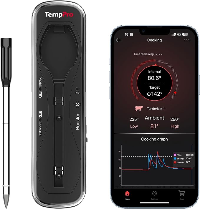 TempPro Upgraded Meat Probe Wireless Meat Thermometer, 500ft Bluetooth Meat Thermometer for Cooking Kitchen Oven Smoker, Rechargeable Meat Probe for Backyard Grill BBQ Gifts(Previously ThermoPro)