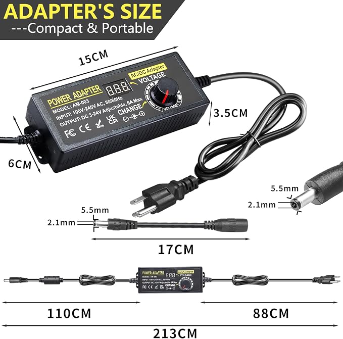 144W Adjustable Power Supply Adapter 3V~24V 6A Universal Variable Switching Power Adapter 100V-240V AC to DC Converter Transformer with 14 Tips&Polarity Converter3V 5V 6V 9V 12V 15V 16V 18V19V20V24V