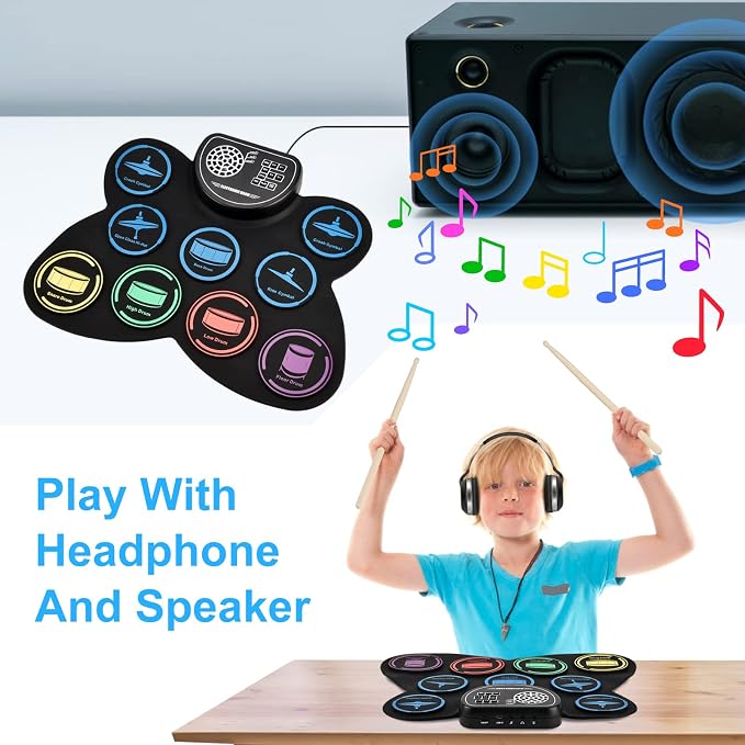 Electronic Drum Set, Marrilley 9 Drum Practice Pad with Headphone Jack, Roll-up Pad Machine Built-in Speaker Drum Pedals Sticks 10 Hours Playtime, Great Holiday Xmas Birthday Gift for Kids