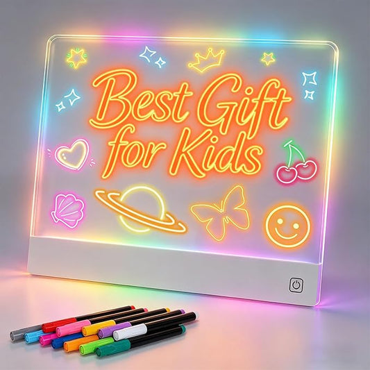 16-Inch LED Note Board Rechargeable with 7 Colors, Doodle Glow Board Neon Art Dry Erase Light Up Drawing Pad with Invisible Stand, Sketching Gift Toy for Kids/Girls/Teens, 12 Markers