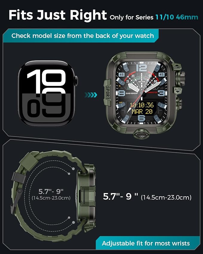 Goton Rugged Case and Band Kit with Screen Protector for Apple Watch 46mm, Compatible with Apple Watch Series 11/10, Full Body Shockproof Metal+PC Bumper Cover with Soft Band, 46mm Green