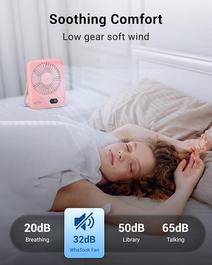 WHATOOK Desk Fan 2 Pack: 100 Speeds Stepless Control 5000mAh Battery Operated Portable Fan, Rechargeable Table Fan for Cruise Ship Essentials, Gift for Couples, Dorm, Office, Bedroom(Pink and Purple)