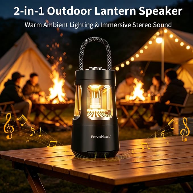 Revonext Camping Lantern Bluetooth Speaker, Outdoor Waterproof Wireless Speaker with Dual-Color Ambient Light, Bluetooth 5.3 Portable Speaker with TWS Stereo for Camping Hiking Patio Backyard