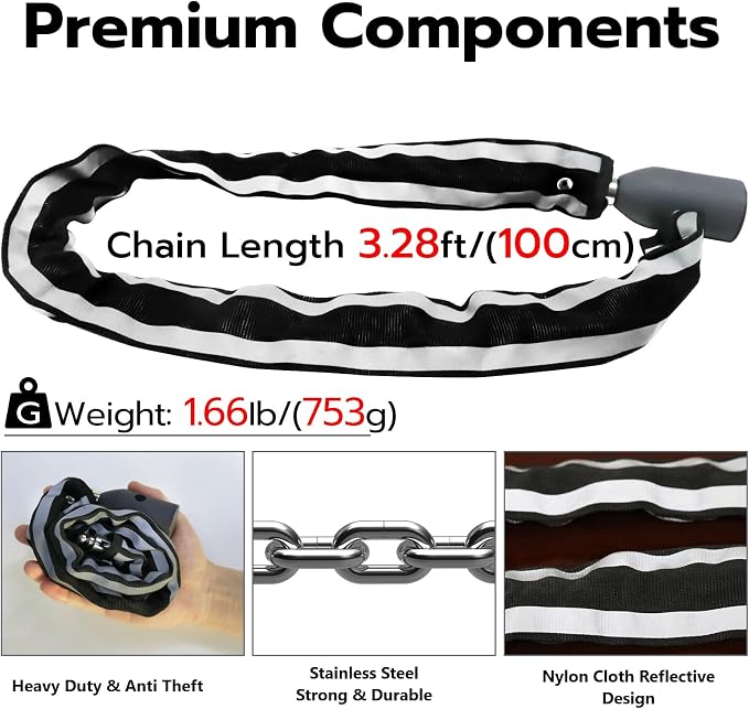 Fingerprint Bike Chain Lock, Bluetooth Bike Lock Waterproof Biometric Keyless Lock Heavy Duty Anti-Theft with 3.3 Feet Long Chain Lock for eBike Scooter Gate Ski Snowboard