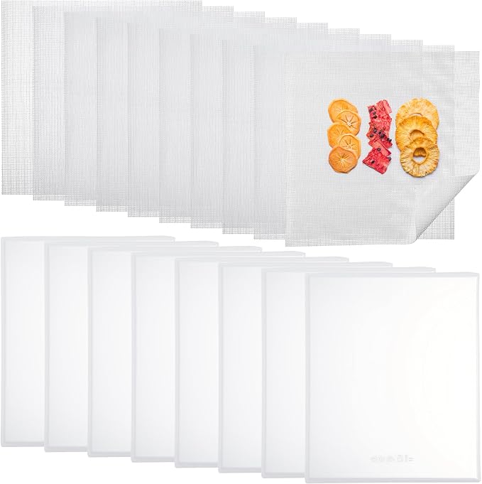 Thenshop 8 Pcs Silicone Dehydrator Sheets Trays with Edge and 10 Pcs Mesh Dehydrator Mats Non Stick Reusable Fruit Leather Trays Accessories for Liquid Making Food Fruit Meat Egg Vegetables (White)