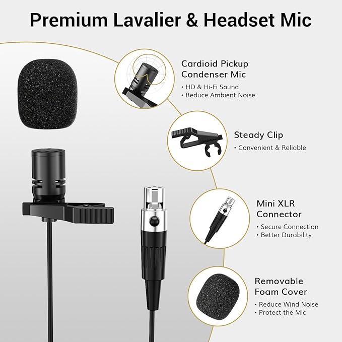 TONOR UHF Wireless Microphones System with Headset/Lavalier Lapel Mics, Bodypack Transmitter, Receiver, 2 * 15 Channels, 60 m/200ft Range for Live Singing Karaoke Church Party DJ, 2 Bodypack Mics