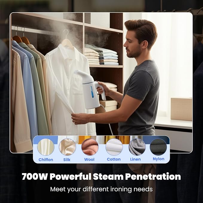 Handheld Garment Steamer – 700W Portable Clothes Steamer with ABS+PC+Stainless Steel+Silicone Build – Blue Color, 110V with US Plug – Fast Heat-Up, Powerful Wrinkle Removal