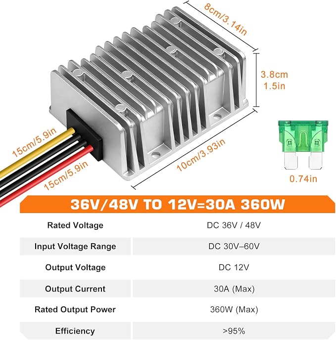 36V 48V to 12V Converter 30A 360W Waterproof DC-DC Step Down Voltage Regulator Reducer with Fuse, Buck Power Supply Transformer for Golf Cart, Forklift, Car