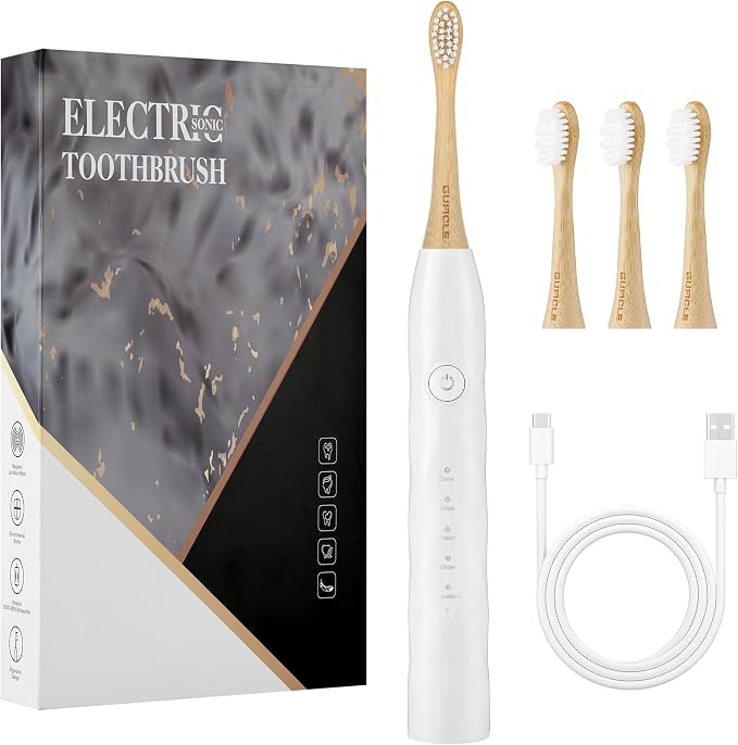 Electric Toothbrush with 4 Bamboo Heads, Bamboo Electric Toothbrush for Adults, Soft Castor Oil Bristles, 5 Modes, Smart Timer, Sonic Technology, IPX7 Waterproof, 60-Day Battery Life-White