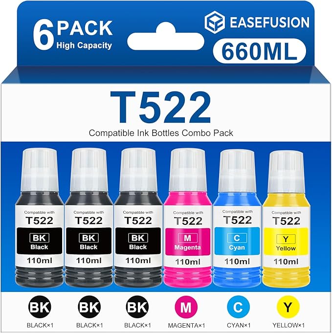 522 High Capacity Ink Refill Bottle (6-Bottles) Replacement for Epson 522 Ink Works with EcoTank ET-2800 ET-2400 ET-2720 ET-2803 ET-2840 ET-4700 ET-4800 ET-4810 660ml Total Black and Color Combo