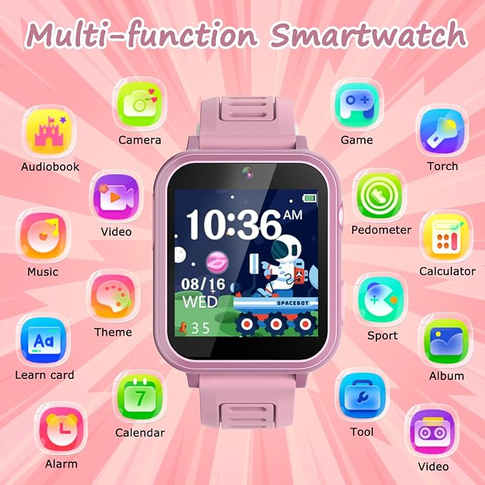 Wiszodet Smart Watch for Kids with 39 Games HD Touch Touchscreen Alarm Clock, Camera Music Player Pedometer Flashlight 12/24 hr Video & Audio Recording, Toys Gift for 3-12 Years Old Girls