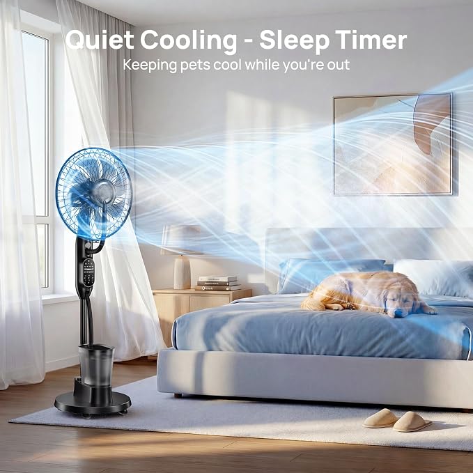 Misting Fan, 16'' Standing Fan with Humidifier, Oscillating Fan with 9 Speeds 7H Timer, Fan for Bedroom, Pedestal Fan Indoor Only - 2026 Upgraded
