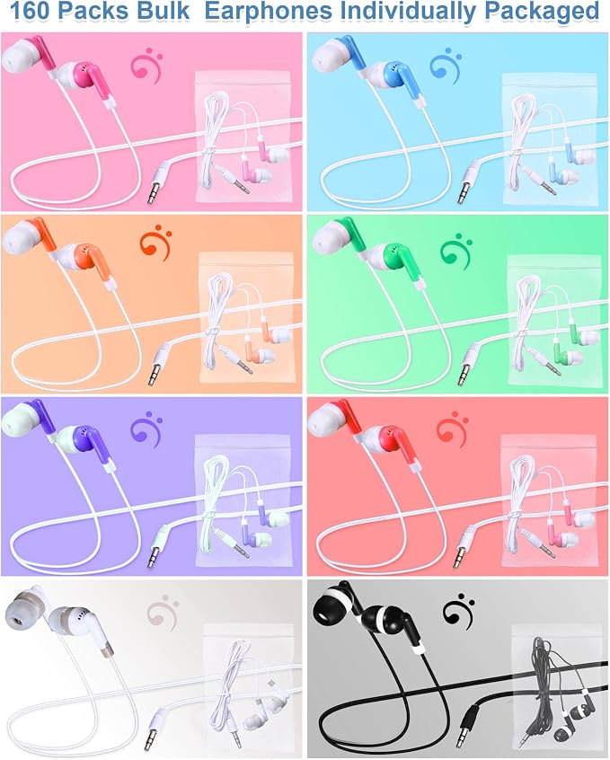 Konohan 160 Packs Bulk Earbuds with Wire Earphones Classroom Wired Headphones for Students Headphones Individually Bagged, 8 Colors Ear Buds Bulk for Classroom School Library (Multicolor)