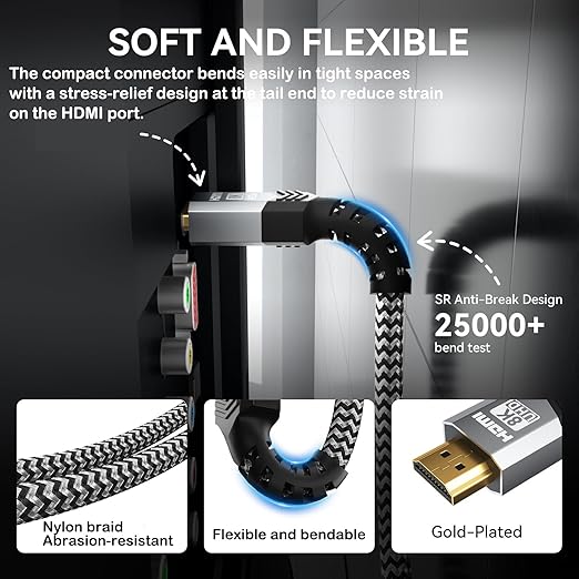 Soonsoonic 8K Certified Ultra High Speed HDMI 2.1 Cable 3FT,48Gbps Braided Gaming Cord,10K 8K@60Hz 4K@120Hz/144Hz eARC Dolby Atmos DTS:X HDR10 VRR ALLM,Compatible with PS5 Xbox Series X/S RTX 5090 AVR