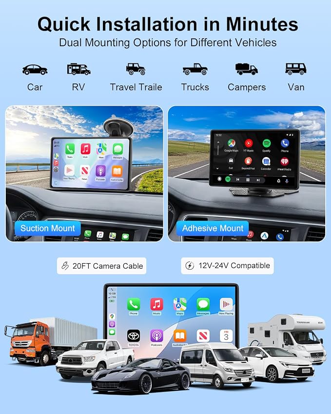 CarPlay Screen for Car, 9" Wireless Apple CarPlay & Android Auto with 1080P Backup Camera, Night Vision, GPS Navigation, Mirror Link, Voice Control, Bluetooth/FM/AUX Audio, Plug & Play Dashboard Mount