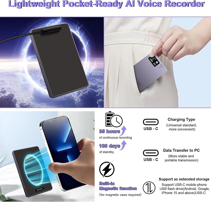 Ai Voice Recorder for Meeting: Support 152 Language Transcription Summarize - App Control Noise Cancellation Magnetic Dictation Recording Transcriber Note Taking Device 64GB for Lecture & Call