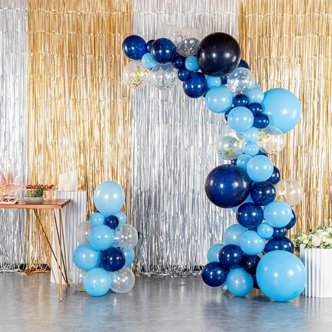 Restaurantware Balloon Arch Kit 104 Balloons, Strip, Glue Dot Balloon Decoration Set DIY Navy and Sky Blue Bottle Garland Assorted Colors for Party Decorations