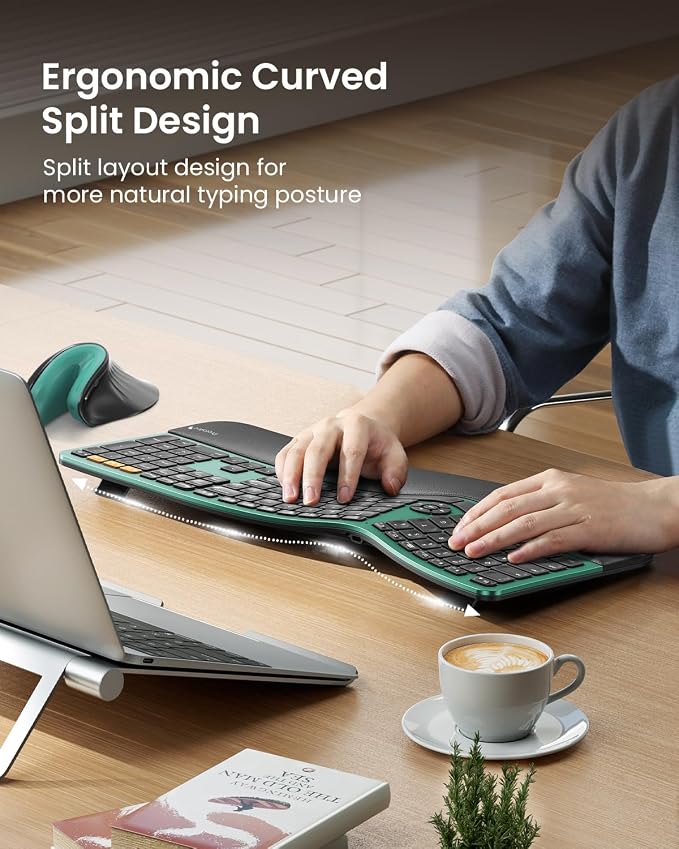 ProtoArc Backlit Bluetooth Ergonomic Keyboard, EK01 Plus Full Size Wireless Split Keyboard with Dual Bluetooth and USB, Cushioned Wrist Rest, Rechargeable, Compatible with Windows/Mac/Android, Green