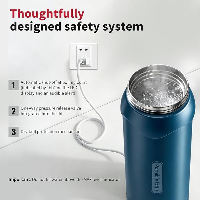 Insulated Stainless Steel Electric Kettle Small, Smart Water Bottle with 4 temperature control, Leak-Proof, Mini Travel Essentials Portable Office Gifts for Tea Lovers, Dark Blue