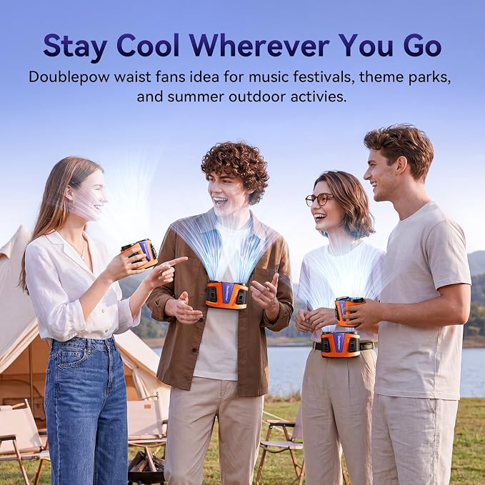 Doublepow 24000mAh Portable Waist Fan, Personal Fan, Dual Air Ducts Motors, 2026 Upgrade Equipped Charging Dock Storm Mode 1-100 Roller Adjustmen, Wearable Neck Clip On Belt, for Outdoor, Work(Orange)