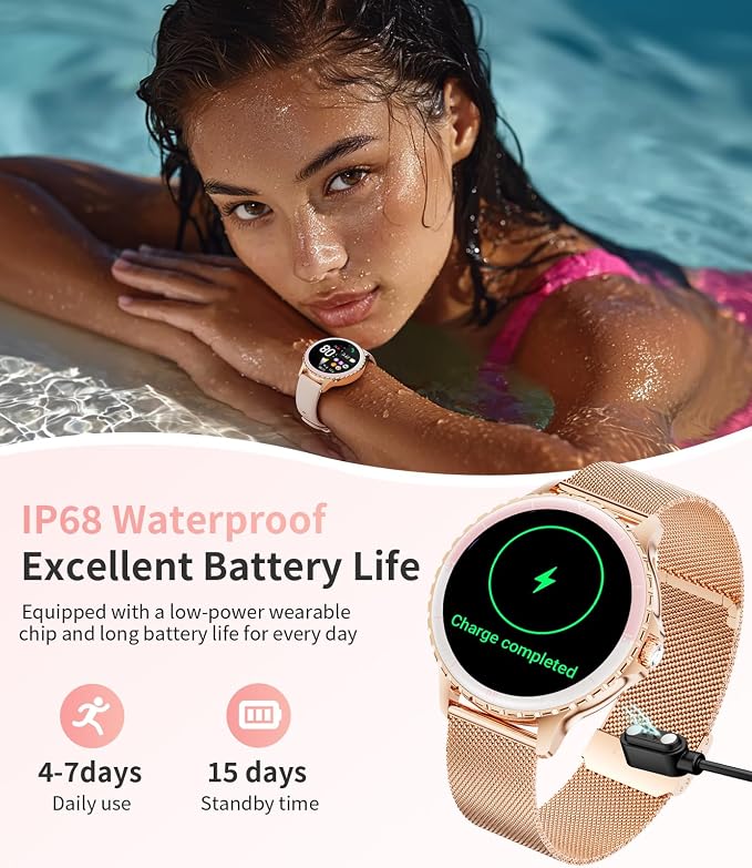 SUNKTA Smart Watch for Women (Answer/Make Call),1.27" Curved Display Smartwatch with Female Cycle/Sleep Monitor,5ATM Waterproof Fitness Tracker 100 Sport Modes Pedometer for Android/iOS,Gold