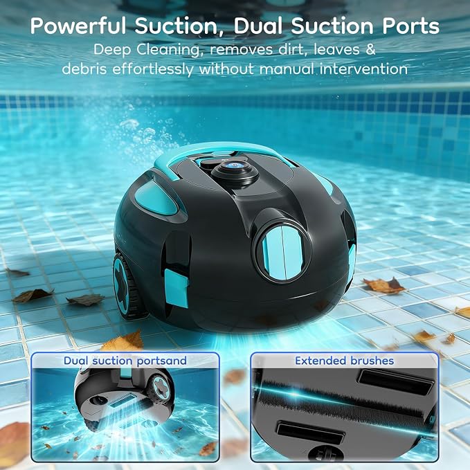 Obito H1 Robotic Pool Cleaner, Powerful Robotic Cleaner with Dual Suction Inlets, Cordless Automatic Pool Cleaner for Cleaning the Bottom of the Pool, 130-Min Runtime (Cannot Climb Walls)
