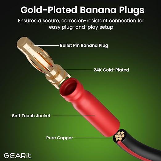 GEARit 14 Gauge Speaker Cable with Banana Plugs 9.9 Ft 2-Pack - OFC Speaker Wire, 14AWG Gauge Banana Wire for HiFi, Bi-Wire, Bi-Amp & Surround Sound, Gold Plated Tips, Black
