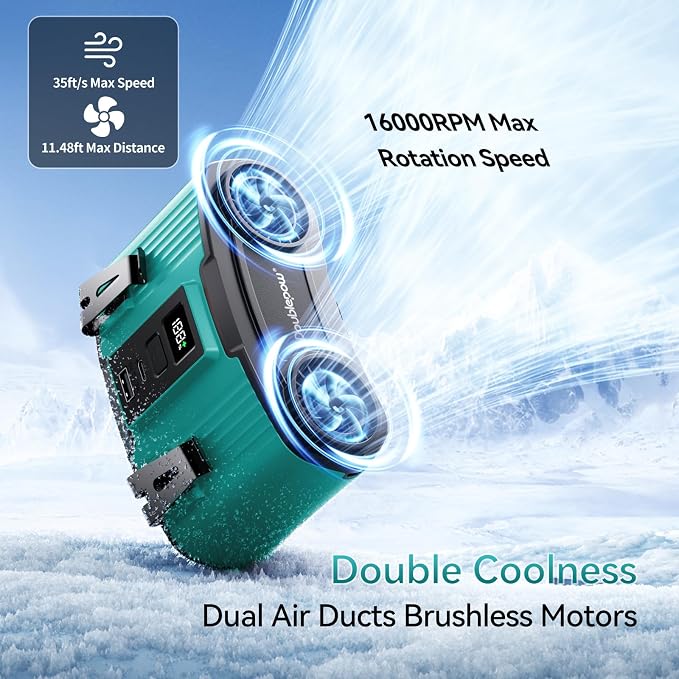 Doublepow 24000mAh Portable Waist Fan, Personal Fan, Dual Air Ducts Motors, Rechargeable Clip On Belt for Working, 10 Speeds 45H Wearable Neck Cooling, for Outdoor Work, Travel, Power Outage (Blue)