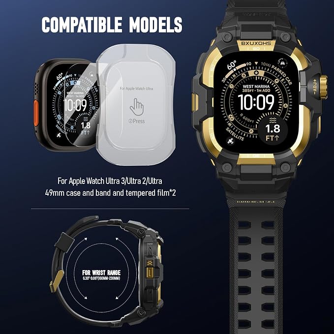 BXUXOHS Rugged Case and Band for Apple Watch Ultra 3/2/1 49mm Men, Military Grade Shockproof Bumper Cover, with 2 Pack Screen Protector, Tactical Band Case for iWatch Ultra 3 2 1 Man, Gold