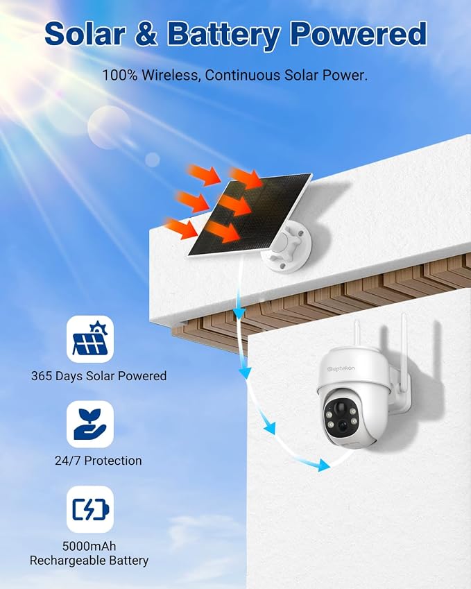 Septekon 360°PTZ Security Cameras Wireless Outdoor 2 Pack, 2K Solar Battery Powered Cameras, 2.4G WiFi Camera with Spotlight, Motion Detection, Siren, Color Night Vision, IP66, White