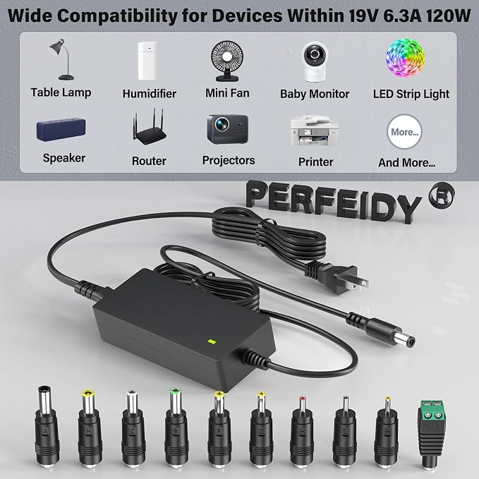 19V 6.3A 5A 4A 3A 120W Charger with 10 DC Jacks Power Cord,PERFEIDY DC in Adapter 19Volt 5.5A 4.5A 3.5A 2.5A 1.5A 1A 0.5A 6300mA 6000mA 5000mA 4000mA 1000mA Power Supply