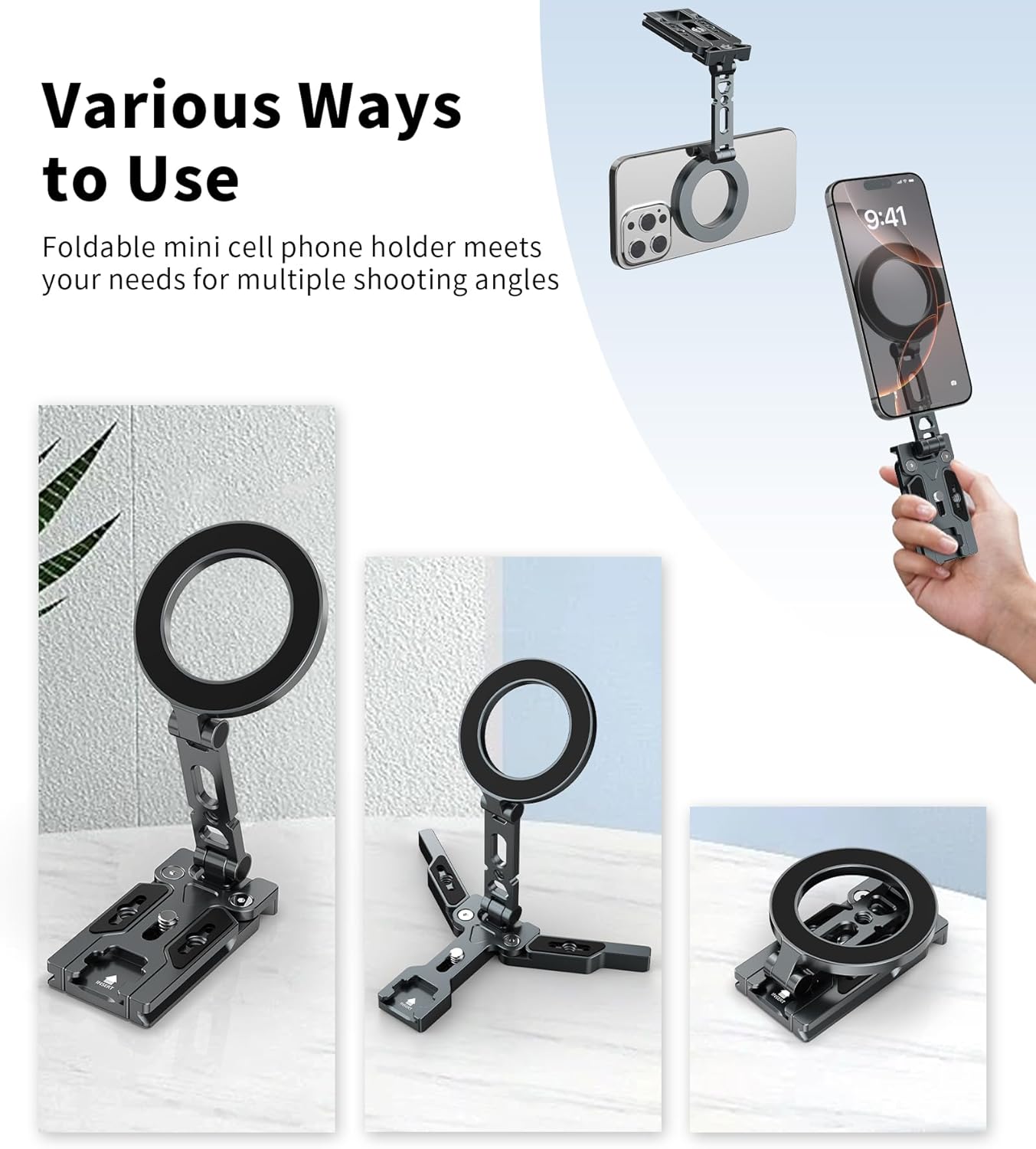 Magnetic Phone Tripod Stand,Foldable Cell Phone Holder for Magsafe with Arca-Swiss,1/4'' Screw Hole,Cold Shoe Mount,Pocket Mini Aluminum Selfie Stick Tripod Mount for iPhone/Android,Desk,Travel