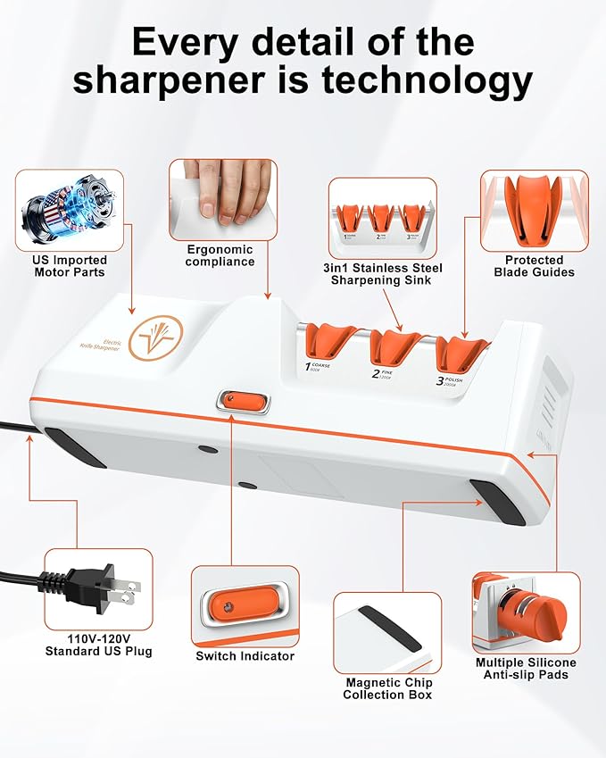Electric Knife Sharpener with Replaceable Sharpening Head | 3-Stage Sharpening, 15° Precision Angle, Diamond Sharpening System, Metal & Ceramic Knives, Exquisite Gifts & Packaging