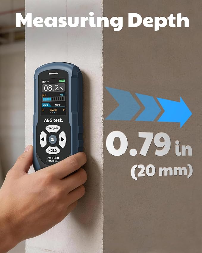 AWT-380 Rechargeable Pinless Moisture Meter for Wood, Drywall & Masonry, Wood Moisture Meter with Color Display, Adjustable Alarm, Data Records, Non-Destructive Water Leak Detector for Home