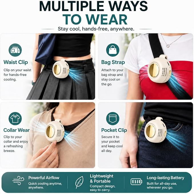 Portable Silent Mini Bladeless Fan Clip On, Small Fan Clip on for Shirt & Waist, Adjustable 3-Speed Suspended Whirlwind Fans, For Outdoor & Travel & Office, Travel Accessories (2, white)