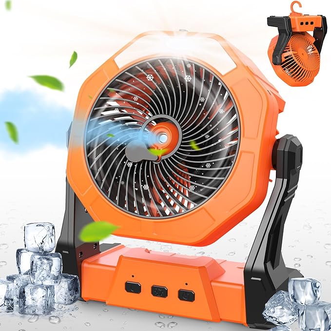 Ausic Portable Misting Camping Fan, 8" Outdoor Cooling Fan with LED Light, Water Spray, Hook, [Max 35H] Battery Operated Rechargeable Fan for Sports Sidelines, Patio, Beach, Tent, Travel