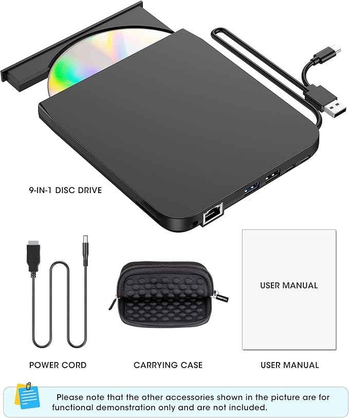 ROOFULL New USB 3.0 External CD DVD Drive with Ethernet Adapter, USB-A/C Ports, SD/TF Card Slot, Carrying Case, USB-C CD DVD Reader Burner Writer Player Optical Disc Drive for Windows & Mac Laptop PC