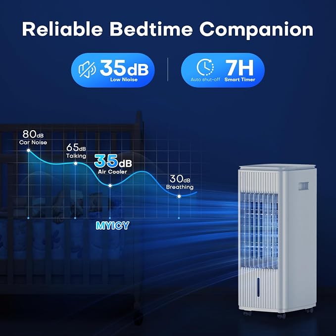 Evaporative Air Cooler, 25 Inch Swamp Cooler Air Conditioner w/Double Tanks, 7H Timer, 16ft Remote, 3 Ice Packs, 70° Oscillation, 3 Speeds & 2 Modes, 60W Portable Windowless Air Conditioner