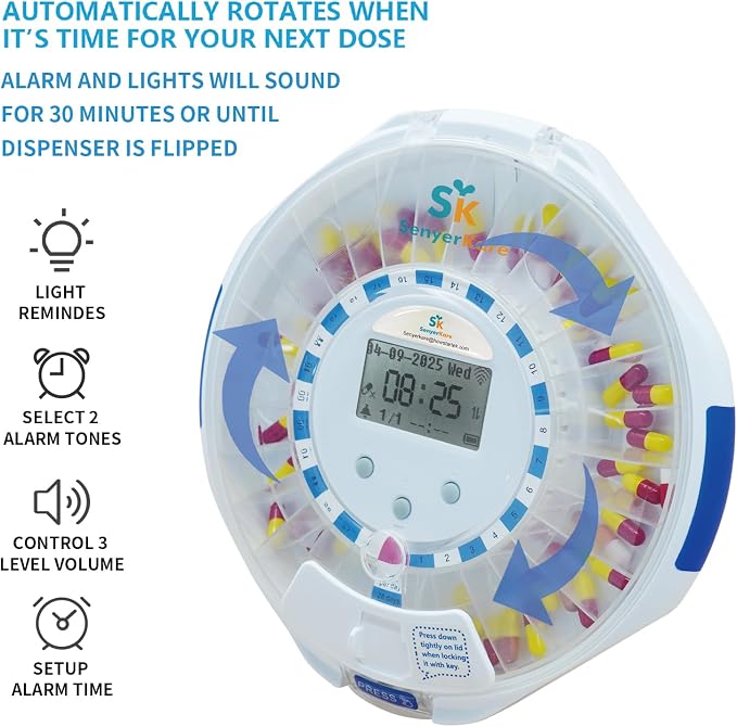 Smart WiFi Automatic Pill Dispenser with App, Locked Medication Organizer for Elderly - Tracks Adherence History, 28 Slots, Sound/Light/APP Alerts, Up to 9 Alarms/Day, for Vitamins, Supplements
