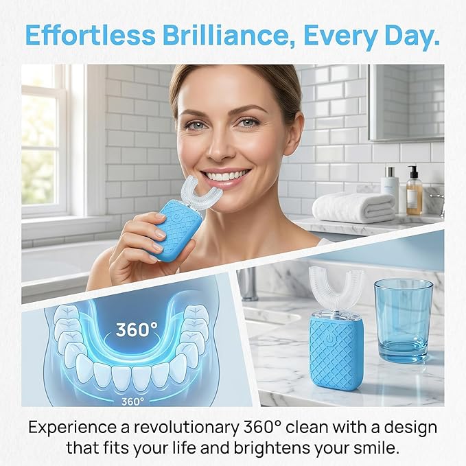 Sonic Electric U Shaped Toothbrush for Adults, Automatic Full Mouth Cleaning Toothbrush, 360° Stain Removal, IPX7 Waterproof Rechargeable, 3 U-Shape & 2 Straight Brush Heads