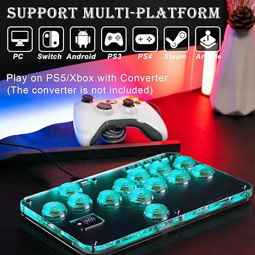 Arcade Stick Game Keyboard R13, Leverless Controller Arcade Stick with Turbo & Custom RGB, Silent All-Button Arcade Controller Street Fight for PC/PS3/PS4/Switch/Steam-Support Hot Swap & SOCD(White)