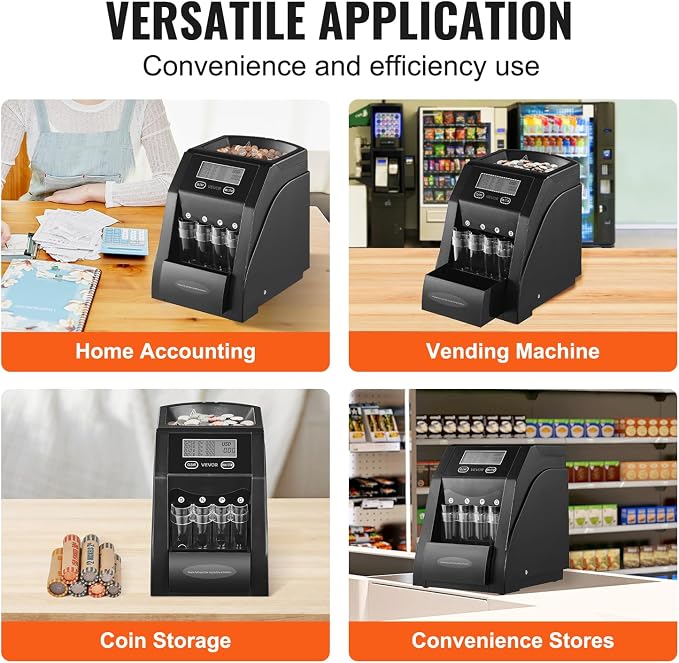 VEVOR USD Coin Sorter, Coin Counter Machine for ¢1 ¢5 ¢10 ¢25 Coins, LCD Screen Display, Coin Sorter and Wrapper Machine with Thicker Coin Tubes and Tray, Holds up to 200 Coins