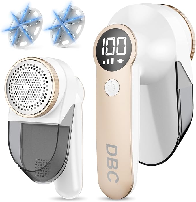 DBC Fabric Shaver with Seperate Lint Box, LED Display, 15000r/Min Powerful Motor, 6-Leaf Blades, 3-Speeds Electric Lint Remover for Sweater, Clothes, Couch, Furniture, Sofa - Gold & White