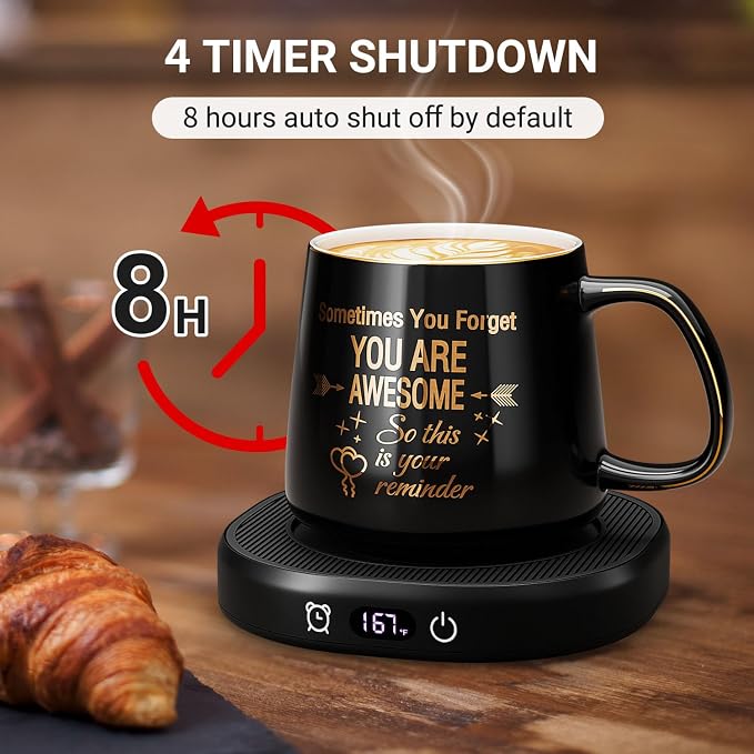 Coffee Mug Warmer & You are Awesome Mug Set, Electric Cup Warmer for Desk, Beverage Warmer with 4 Temperature Setting, 8-Hours Auto Shut Off