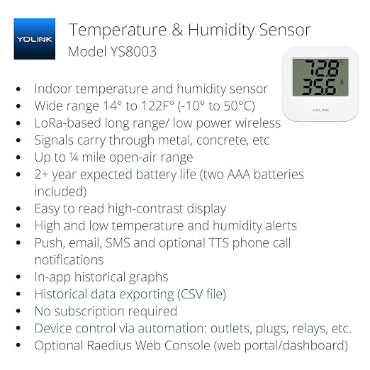 Smart Wireless Temperature Sensor/Humidity Sensor Wide Range (14 to 122 Degrees) for Fridge Monitoring Pet Cage/Tank Monitoring, Smartphone Alerts, Compatible with Alexa IFTTT - Hub Included