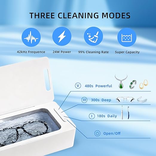 Ultrasonic Jewelry Cleaner Pro for Silver，Eyeglasses, Rings, Retainers, Dentures，Watch Strap, 3 Timer Modes，450ml Capacity (053-P303)