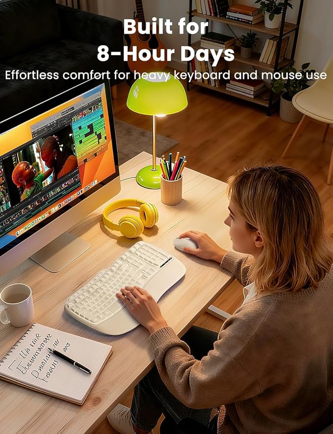 SABLUTE White Wireless Keyboard and Mouse Combo, Light up Ergonomic Keyboard Set, 2.4G Full Size Ergo Wave Key Board with Cushioned Plam Rest, Silent Mouse, for Computer/Laptop/Windows/Mac